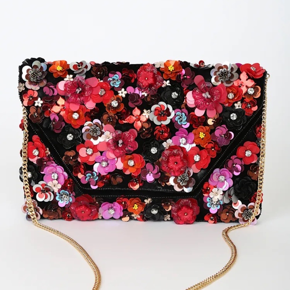 Lulu's Floral Embellished Clutch - Red, Pink, Black